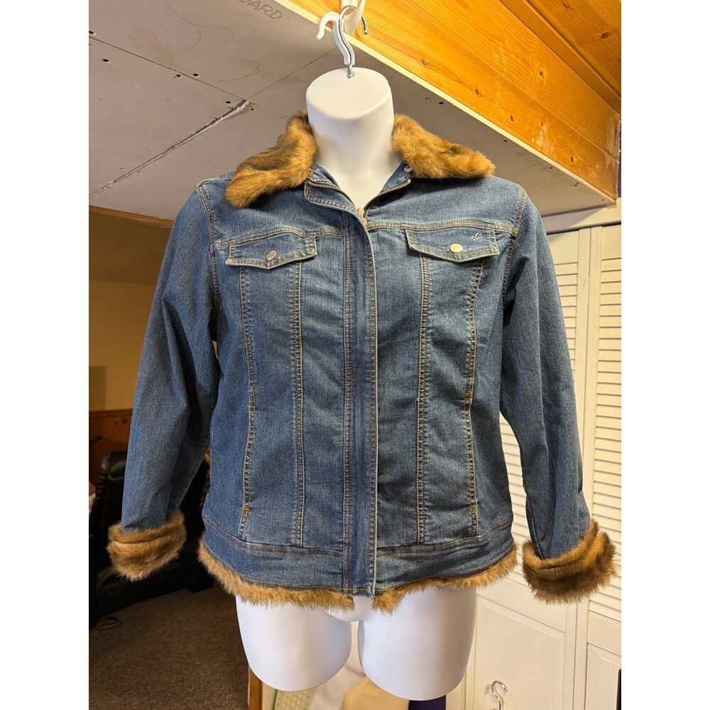 BLAST Denim Jacket Faux Fur Trim Women's M Blue Zip Front Winter Coat - Picture 1 of 10